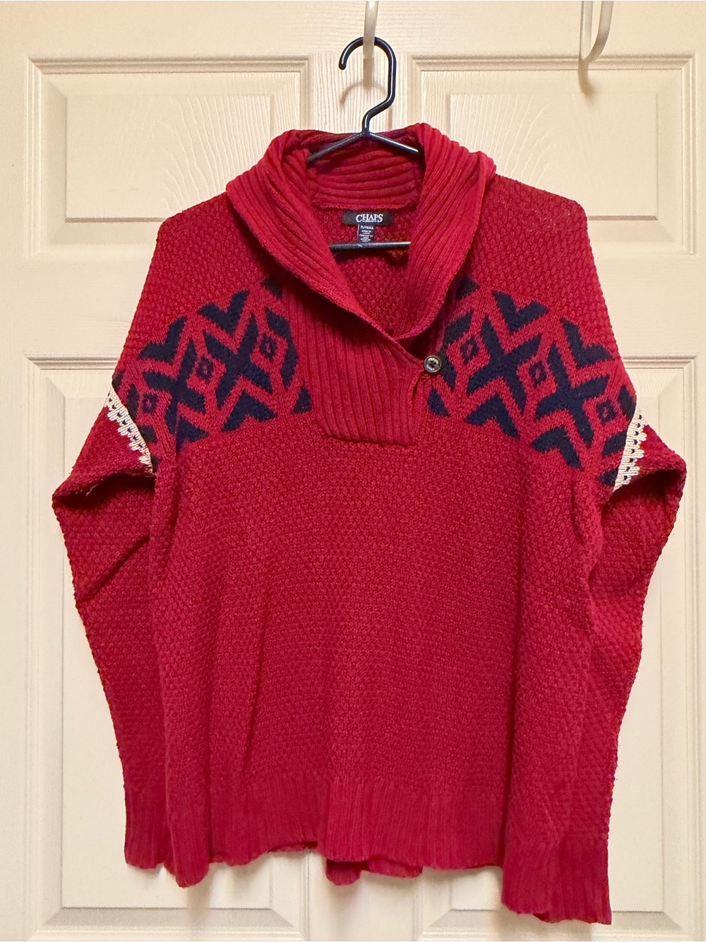 Chaps Women's Red Cowl Neck Sweater with Navy Geometric Yoke